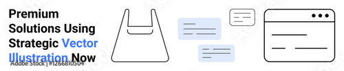 Minimalist shopping bag, text bubbles, and web page outline emphasize digital communication, e-commerce, and business essentials. Ideal for retail, messages, online services, modern UI e-business