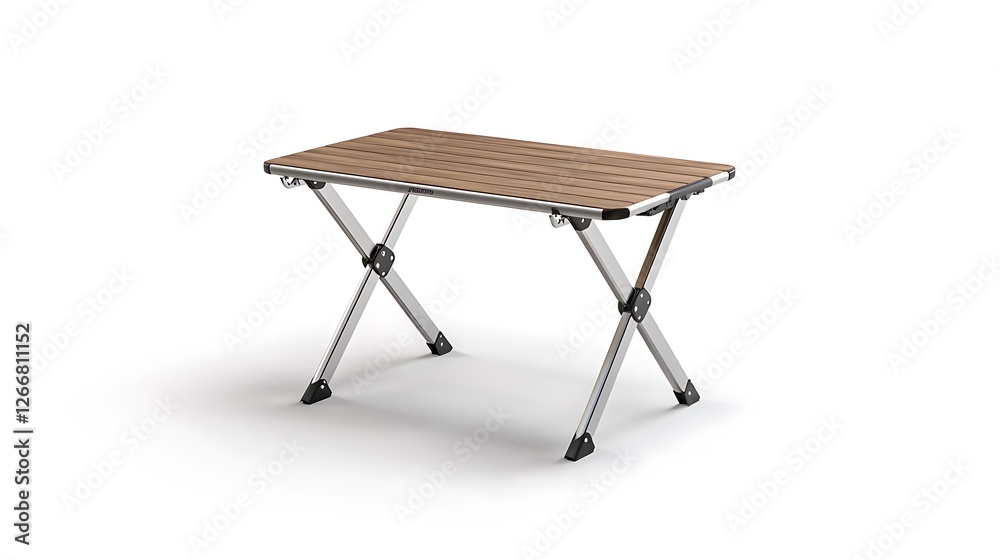 A wooden table with metal legs and a silver frame