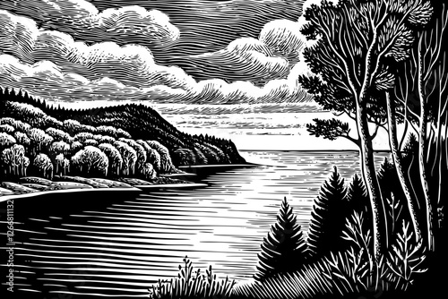 beautiful bay landscape black and white hand drawn sketch