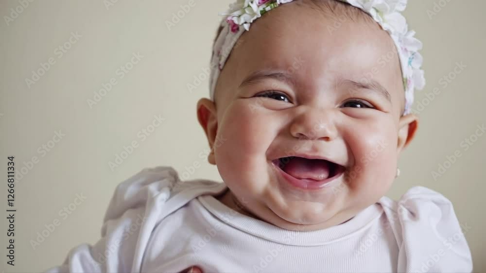 A smiling baby girl with a floral headband and white outfit laughs joyfully. Her bright eyes and chubby cheeks create a heartwarming and innocent portrait A smiling baby girl with a floral headband and white outfit laughs joyfully. Her bright eyes and chubby cheeks create a heartwarming and innocent portrait