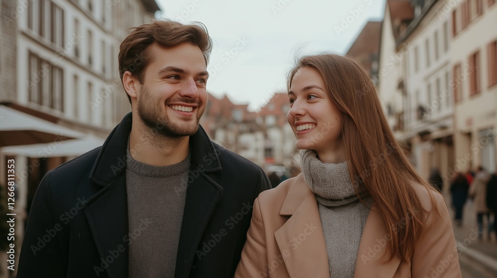 Couple enjoys a relaxed stroll through a charming European town on a cool day with smiles and warmth evident in their expressions Couple enjoys a relaxed stroll through a charming European town on a cool day with smiles and warmth evident in their expressions