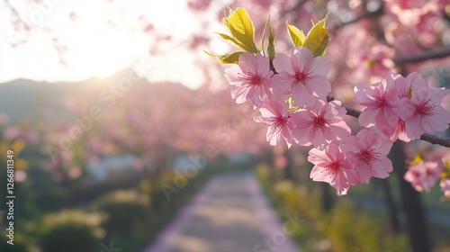 A tree with pink flowers in a park, suitable for use in outdoor or nature-themed designs