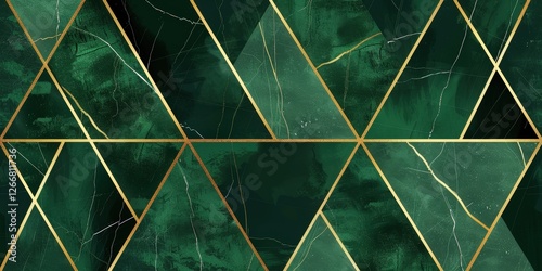 Emerald green and gold triangle abstract geometric background with marbling for design or decoration use