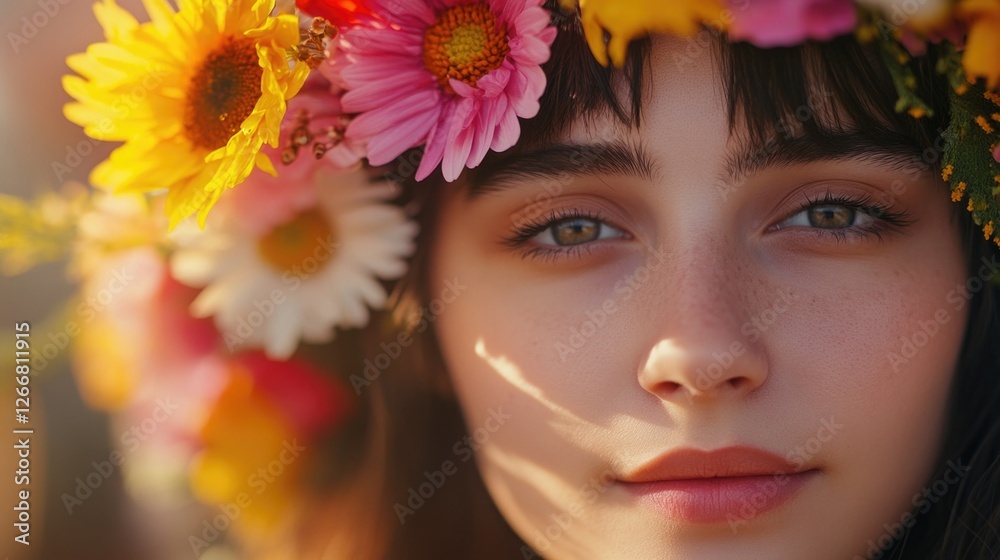 A close-up shot of a woman with fresh flowers woven into her hair A close-up shot of a woman with fresh flowers woven into her hair