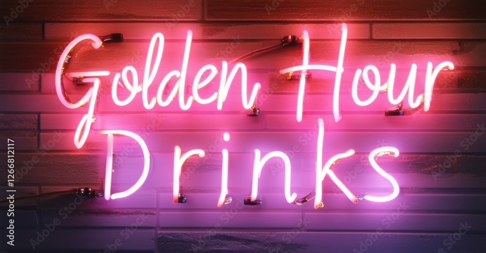 Obraz premium Neon sign glowing in warm golden hues, highlighting the phrase golden hour drinks against a textured brick wall, creating a cozy and inviting ambiance perfect for social gatherings