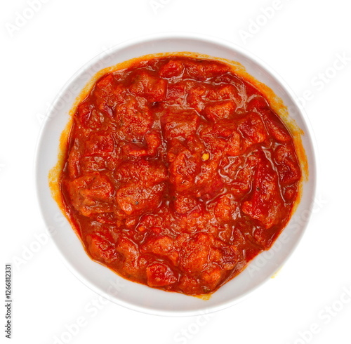 Ajvar isolated on white- traditional macedonian serbian dish made from red bell peppers, eggplant and garlic, lutenitza, popular in Balkans. Homemade tomato sauce for pasta.
 photo