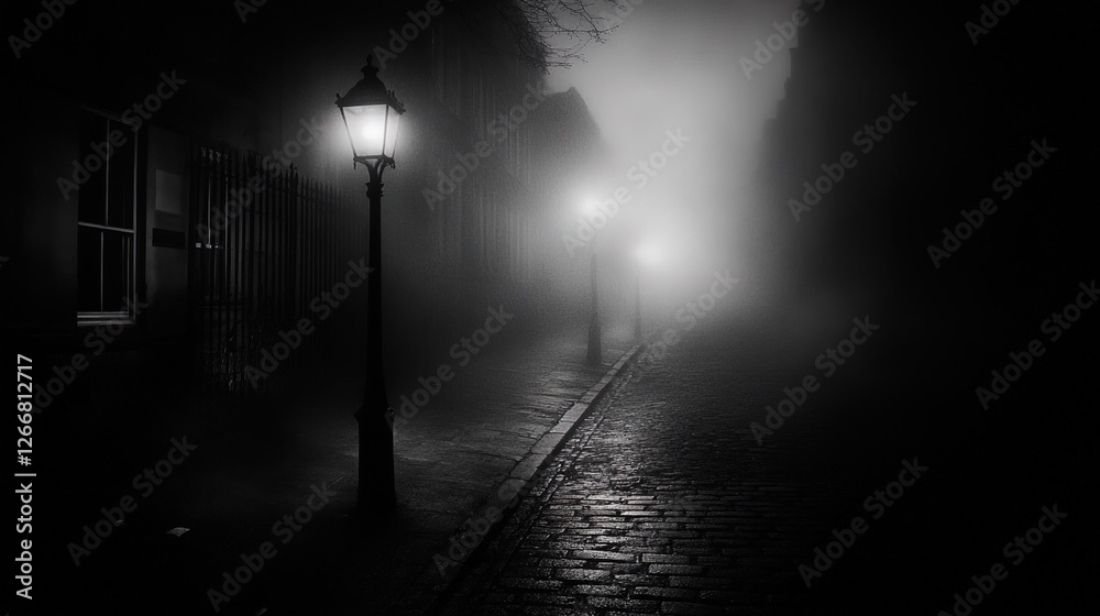 A desolate urban street lit by a single flickering streetlight, glowing mist swirling in the darkness, eerie and cinematic A desolate urban street lit by a single flickering streetlight, glowing mist swirling in the darkness, eerie and cinematic