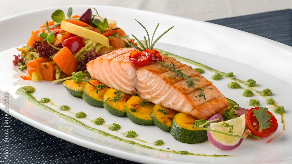 Grilled Salmon with Roasted Vegetables: A delectable grilled salmon fillet, seasoned to perfection, rests atop a bed of roasted zucchini and vibrant seasonal vegetables. Grilled Salmon with Roasted Vegetables: A delectable grilled salmon fillet, seasoned to perfection, rests atop a bed of roasted zucchini and vibrant seasonal vegetables.