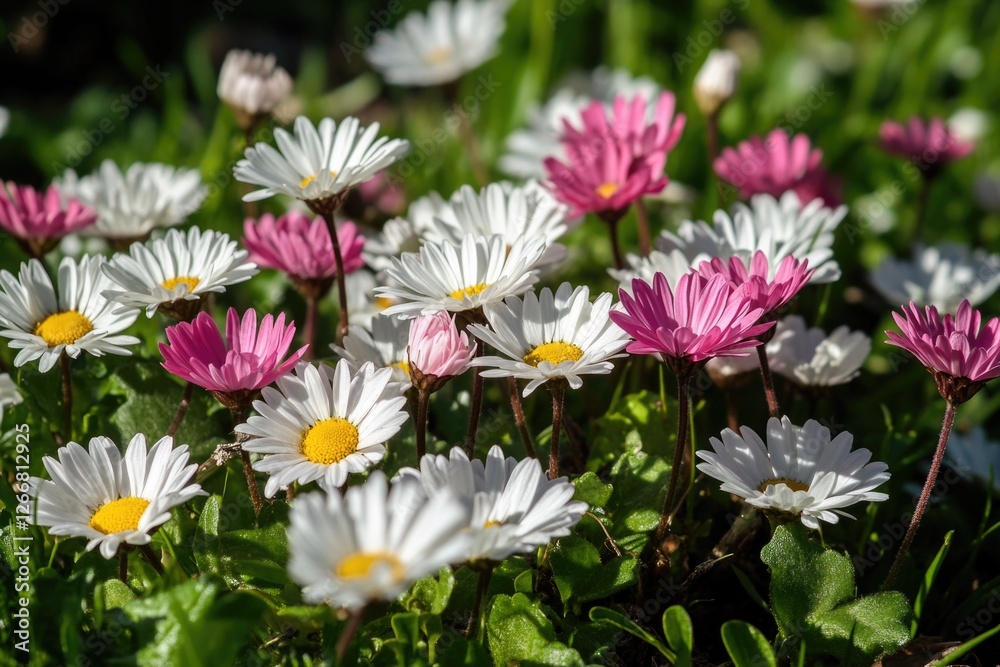 A field filled with white and pink flowers, perfect for a peaceful atmosphere or nature-inspired design A field filled with white and pink flowers, perfect for a peaceful atmosphere or nature-inspired design
