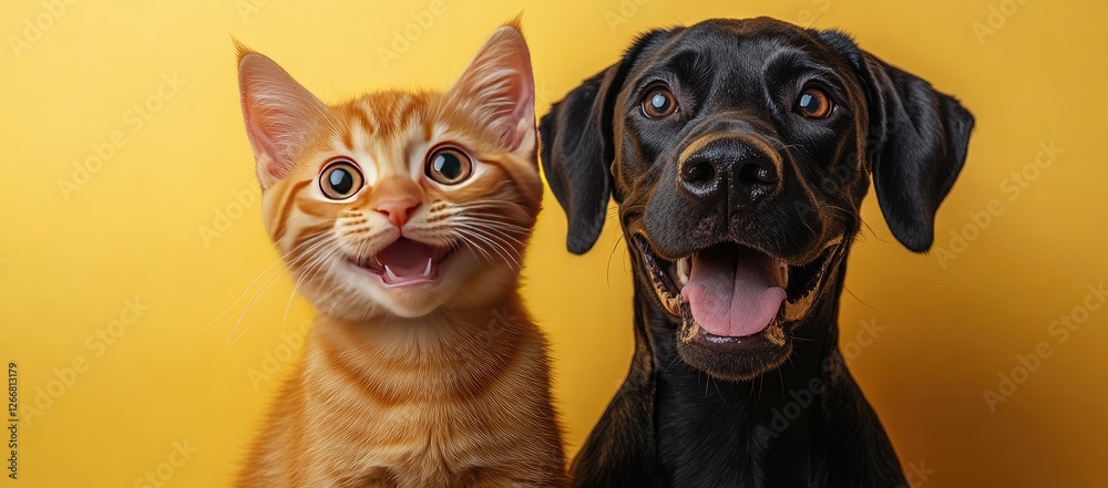 Fototapeta premium Close up portrait of a happy ginger kitten and a black dog against a bright yellow background, both with mouths open in expression. The animals are looking directly at the camera