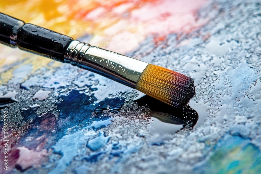 A close-up view of a paintbrush resting on a paint palette, ready for artistic use A close-up view of a paintbrush resting on a paint palette, ready for artistic use