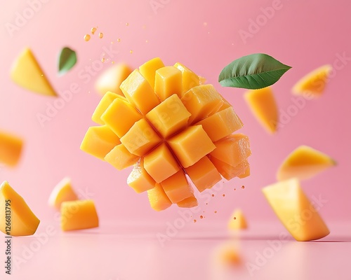 Floating mango pieces set against a pastel pink background, with modern aesthetics and ample room for fruit advertising text