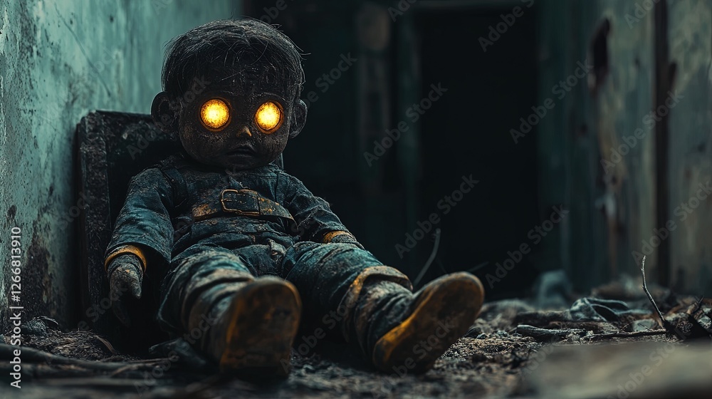 A creepy doll with glowing eyes sitting in a dusty, decayed room, unsettling and eerie A creepy doll with glowing eyes sitting in a dusty, decayed room, unsettling and eerie