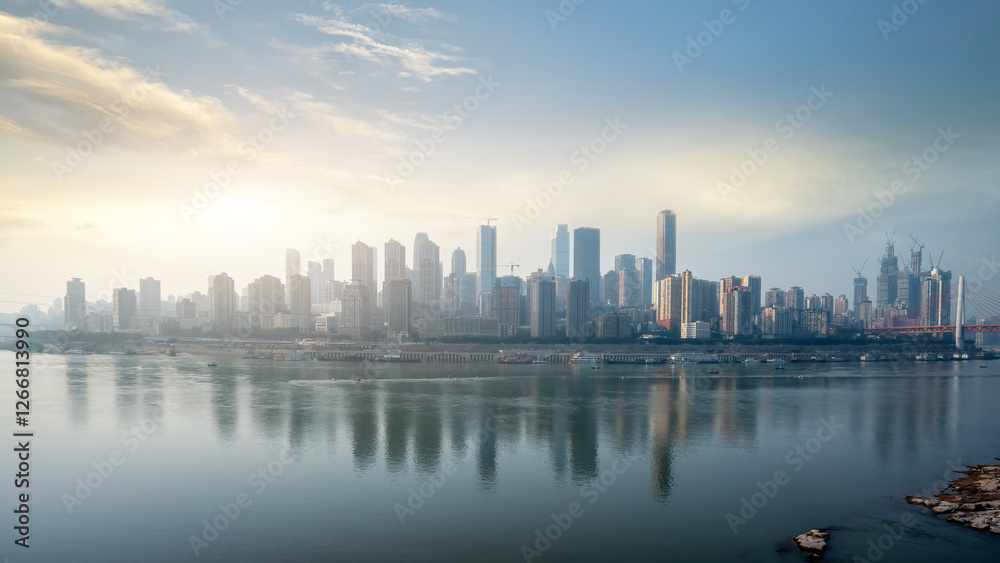 Obraz premium Majestic City Skyline Reflected in Serene Waters