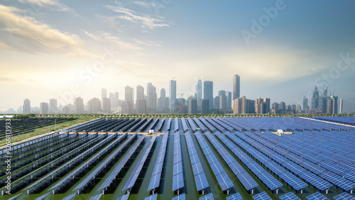 Expansive Solar Panel Array with Urban Skyline in Background