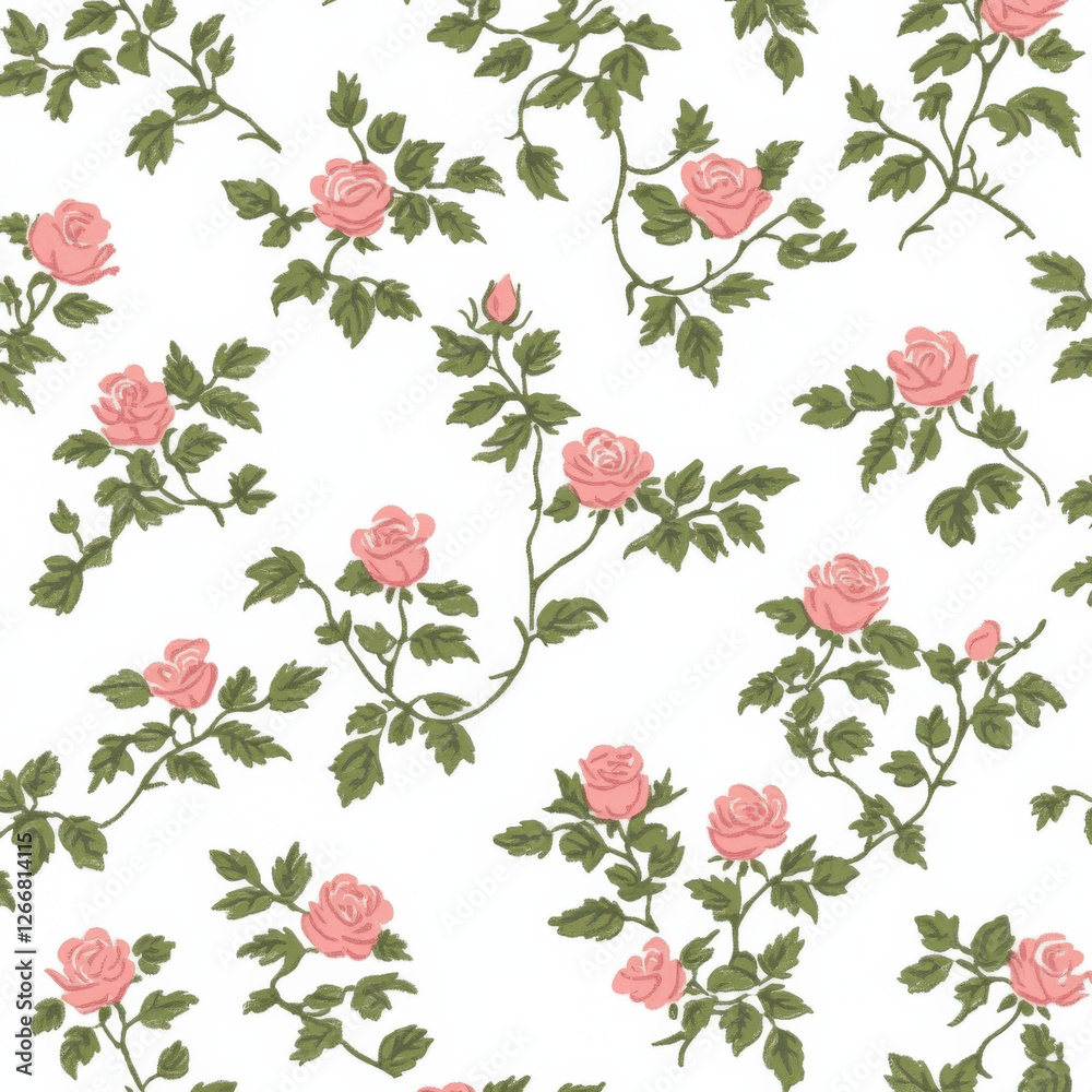 tiny delicate floral print, miniature pink roses and green leaves on white background, retro fabric pattern, dainty hand-painted flowers, tiny delicate floral print, miniature pink roses and green leaves on white background, retro fabric pattern, dainty hand-painted flowers,