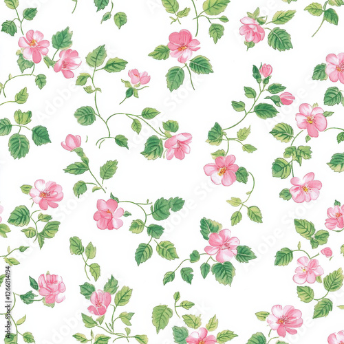 tiny delicate floral print, miniature pink roses and green leaves on white background, retro fabric pattern, dainty hand-painted flowers, 