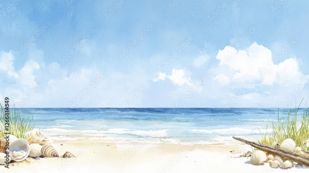 serene beach scene with seashells, gentle waves, and clear blue sky evokes tranquility and relaxation serene beach scene with seashells, gentle waves, and clear blue sky evokes tranquility and relaxation