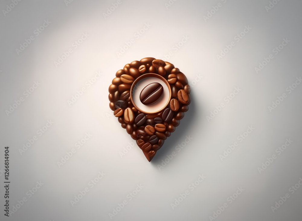 Roasted coffee beans creatively arranged as a location pin on a clean white surface. A single perfect bean is centered. Top view studio shot. Roasted coffee beans creatively arranged as a location pin on a clean white surface. A single perfect bean is centered. Top view studio shot.