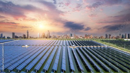 Photography Expansive Solar Farm with Urban Skyline at Sunset