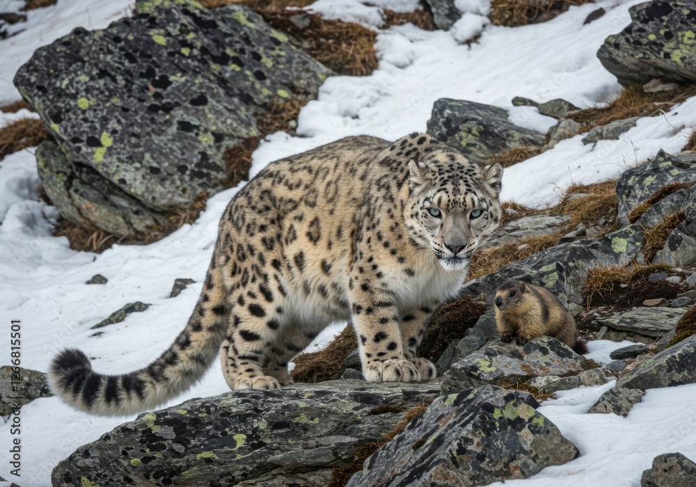 Majestic Snow Leopard in the Winter Wilderness Majestic Snow Leopard in the Winter Wilderness