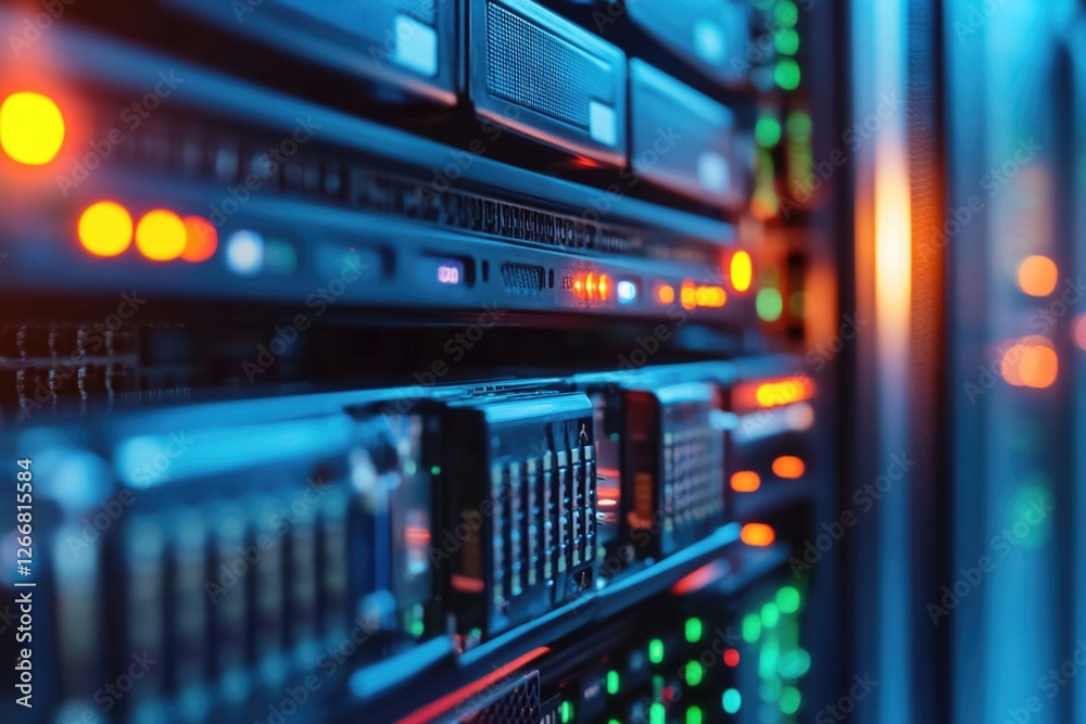 Row of servers in a server room, suitable for IT, technology and business use Row of servers in a server room, suitable for IT, technology and business use