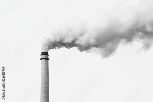 Chimney of a nuclear power plant emits thick white smoke, contributing to the industrial landscape on a cloudy day photo