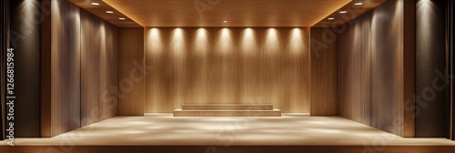 Empty stage with lights, wooden panels for presentations, conferences use