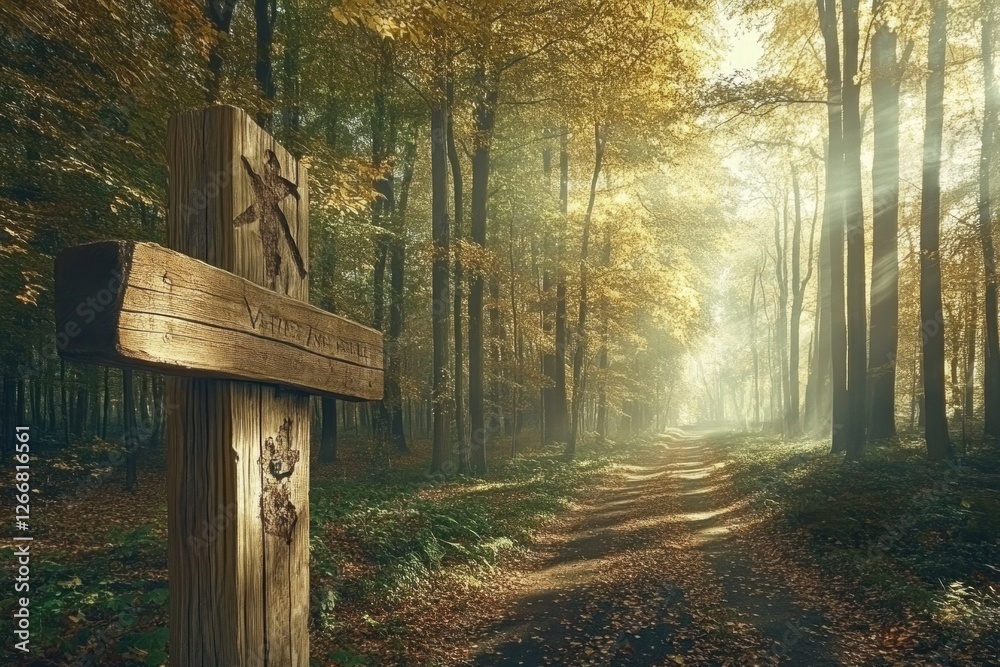 A serene forest trail curves through tall trees, illuminated by warm sunlight filtering through golden leaves. A rustic sign stands nearby A serene forest trail curves through tall trees, illuminated by warm sunlight filtering through golden leaves. A rustic sign stands nearby