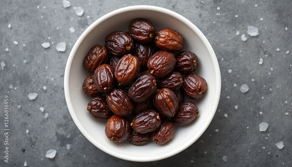 Bowl of Fresh Juicy Dates on Dark Stone Background with Salt Crystals Bowl of Fresh Juicy Dates on Dark Stone Background with Salt Crystals
