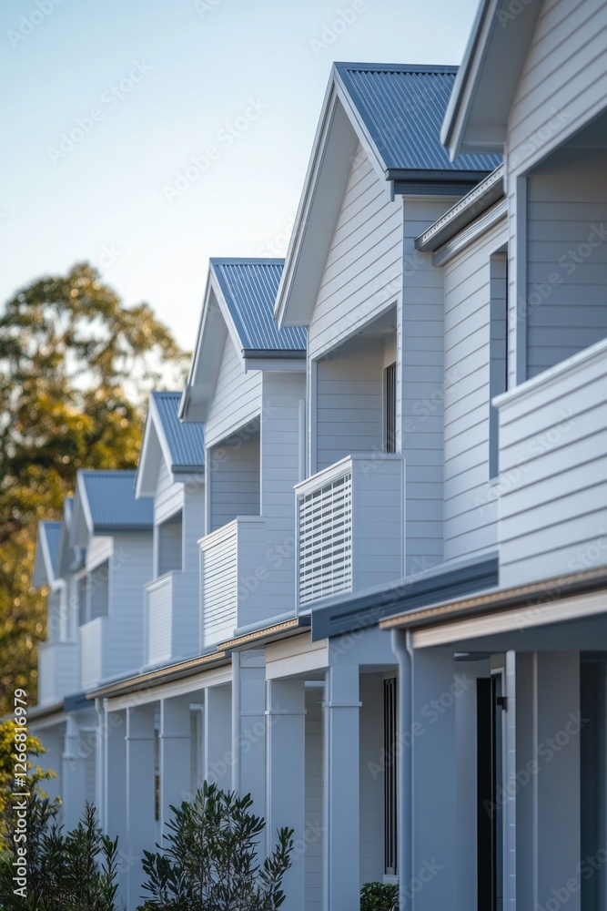 A line of single-family homes with white facades, often used for architecture or real estate photography A line of single-family homes with white facades, often used for architecture or real estate photography
