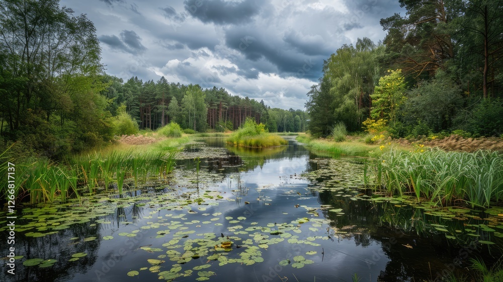 Serene landscape featuring a tranquil river surrounded by lush greenery and vibrant lily pads under a cloudy sky Serene landscape featuring a tranquil river surrounded by lush greenery and vibrant lily pads under a cloudy sky