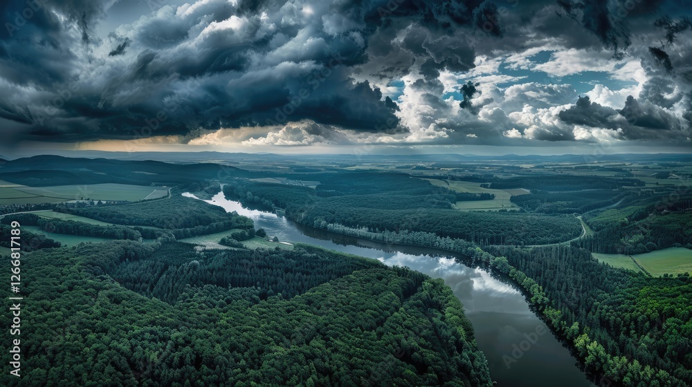 Aerial view of a winding river surrounded by lush green forests under a dramatic sky with dark clouds Aerial view of a winding river surrounded by lush green forests under a dramatic sky with dark clouds