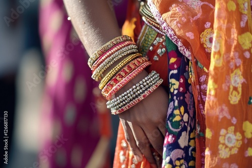 A person holds a collection of colorful bracelets, great for lifestyle or fashion photography