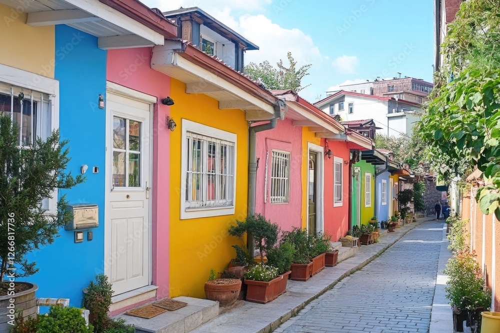 Fototapeta premium Row of colorful houses on a narrow street with unique architecture and cozy atmosphere