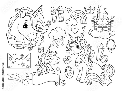Set with unicorns, hearts, clouds, rainbows and other elements. For T-shirts, textiles, cards, posters, coloring books.