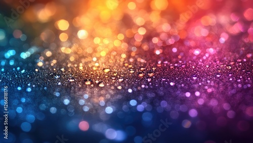 Vibrant multicolored bokeh lights with water droplets on a dark surface creating a festive atmosphere