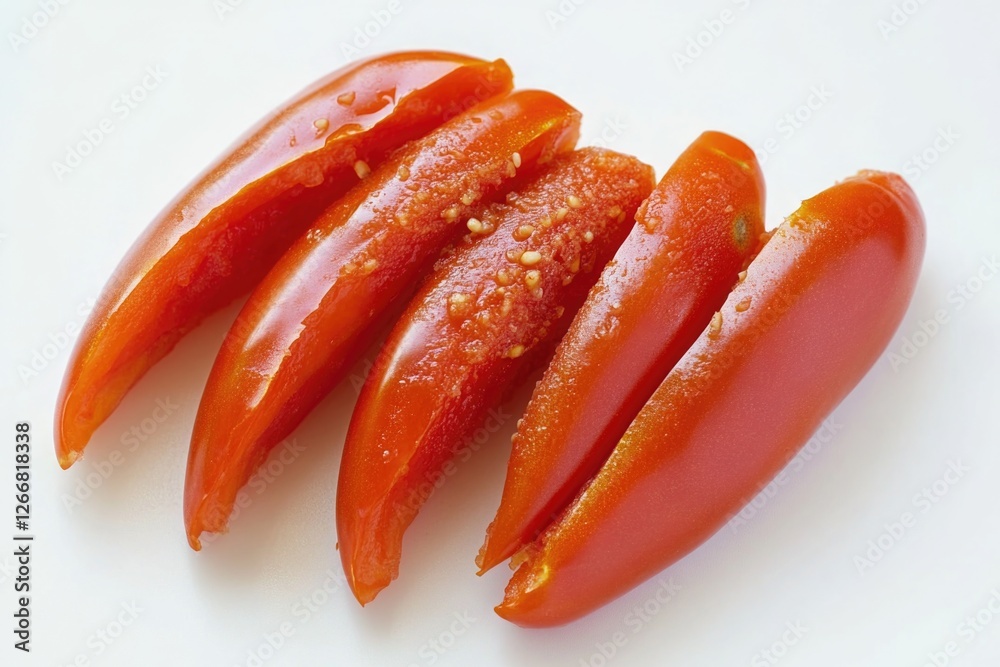 A group of bright red peppers sitting on a white surface, ideal for use in food, cooking, or still life photography A group of bright red peppers sitting on a white surface, ideal for use in food, cooking, or still life photography