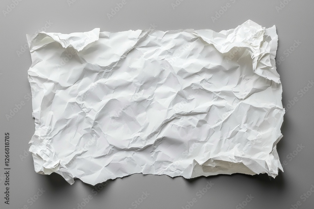 Crumpled white sheet of paper rests on a smooth gray surface, showcasing texture ideal for artistic and design-related uses Crumpled white sheet of paper rests on a smooth gray surface, showcasing texture ideal for artistic and design-related uses