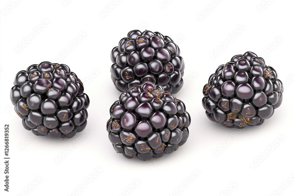 A cluster of fresh blackberries sitting on a white background A cluster of fresh blackberries sitting on a white background