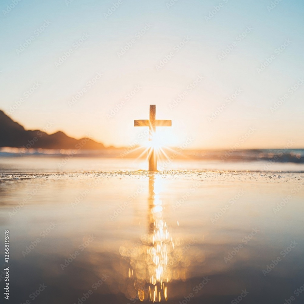 Wooden Cross Silhouette at Sunset Beach Reflection Wooden Cross Silhouette at Sunset Beach Reflection