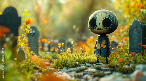 Whimsical Pumpkin Head Character in a Spooky Graveyard