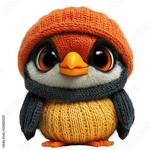 Cute Caracara Bird Character in Knit Pattern Hat and Sweater on Transparent background