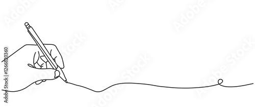 A hand holding a pen and drawing a continuous line. A letter or diary concept with a simple linear drawing. Editable strokes symbolizing school lessons.