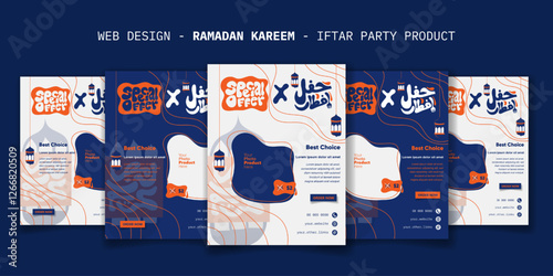 Web banner template for ramadan iftar party with arabic typography in blue white design