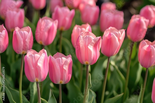 A vibrant field of pink tulips surrounded by lush green leaves