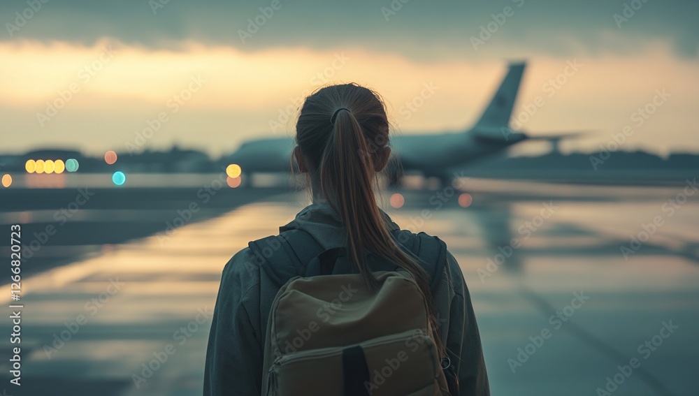 Fototapeta premium Woman with Backpack Watches Airplane Depart at Sunset: A Journey Begins