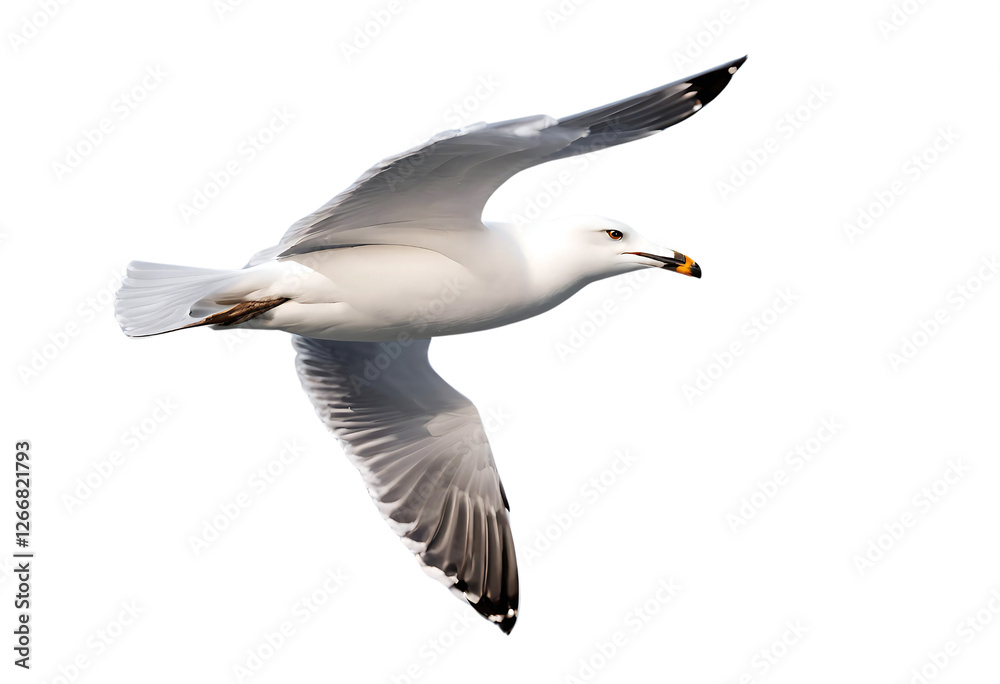 Fototapeta premium Majestic seagull in flight against a stark black backdrop. Wings spread wide, showcasing its graceful power and freedom. A breathtaking moment captured.