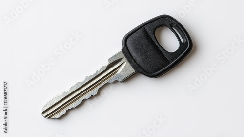 Single Black And Silver Metal Key On White Background photo