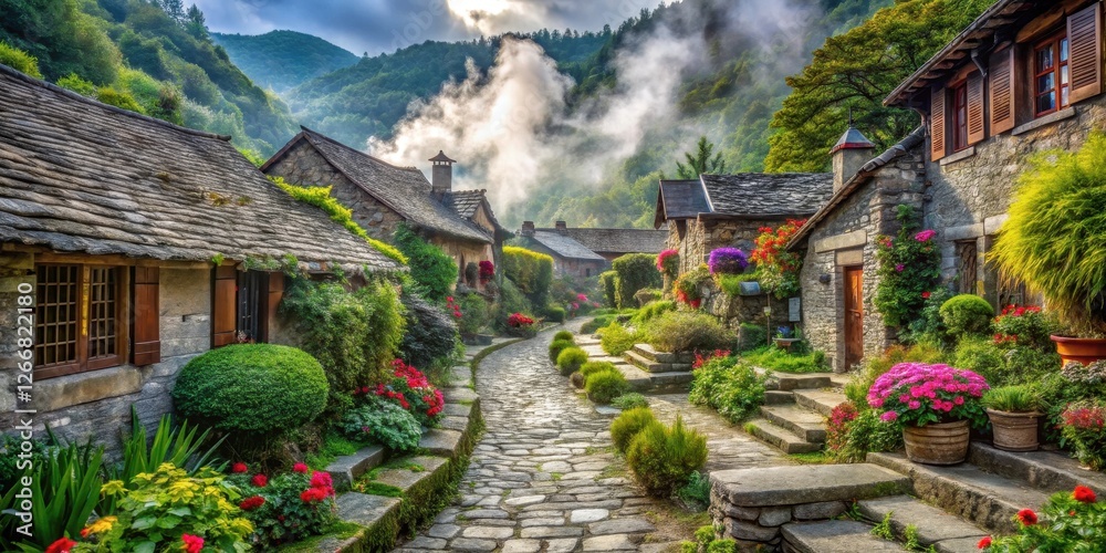 Obraz premium Picturesque Stone Village Nestled in Lush Foliage with Cobblestone Pathway and Vibrant Flower Gardens